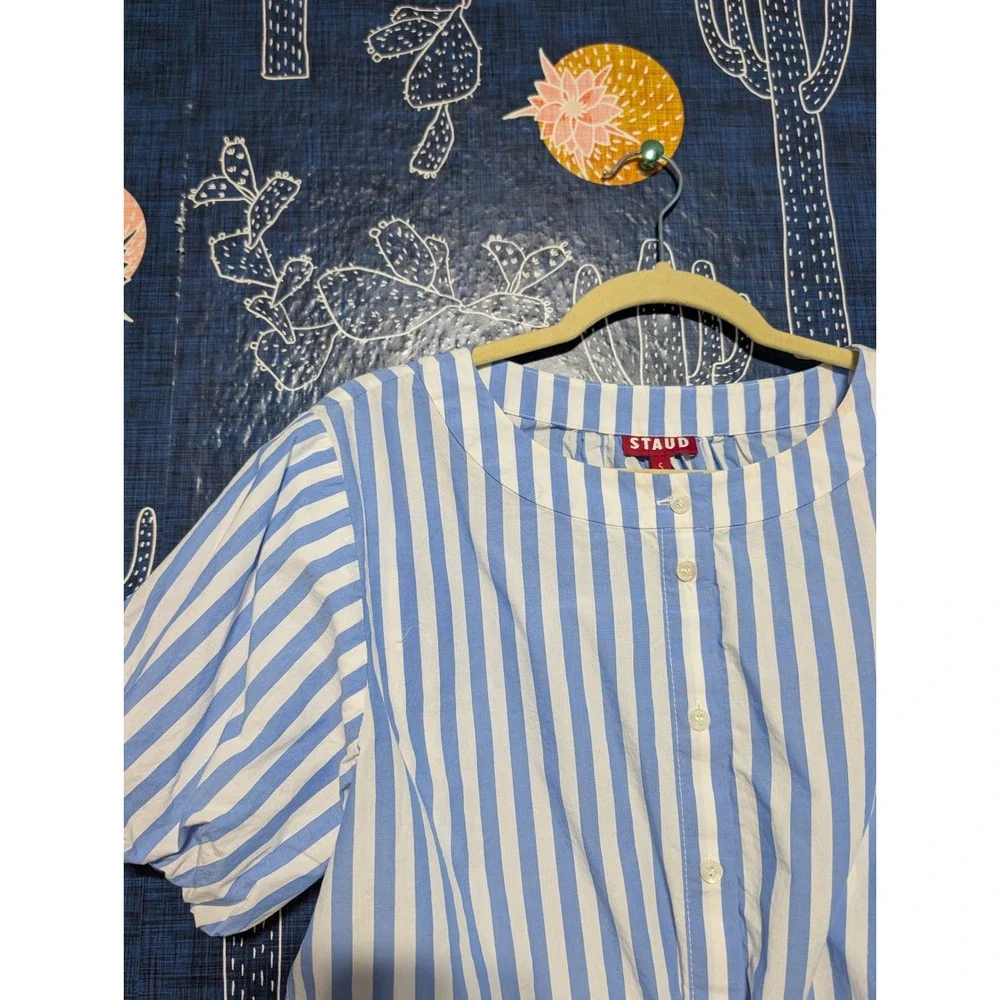 Staud Ellington Cotton Striped Puff Sleeve Cropped Top Blue Women's Size S
